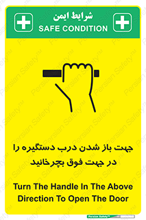 Safety sign: Turn The Handle In The Above Direction To Open The Door – design 11916