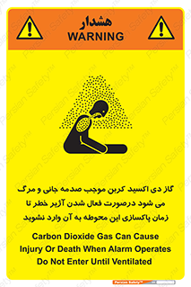 Safety sign: Carbon Dioxide Gas Can Cause Injury Or Death When Alarm Operates Do Not Enter Until Ventilated – design 12379